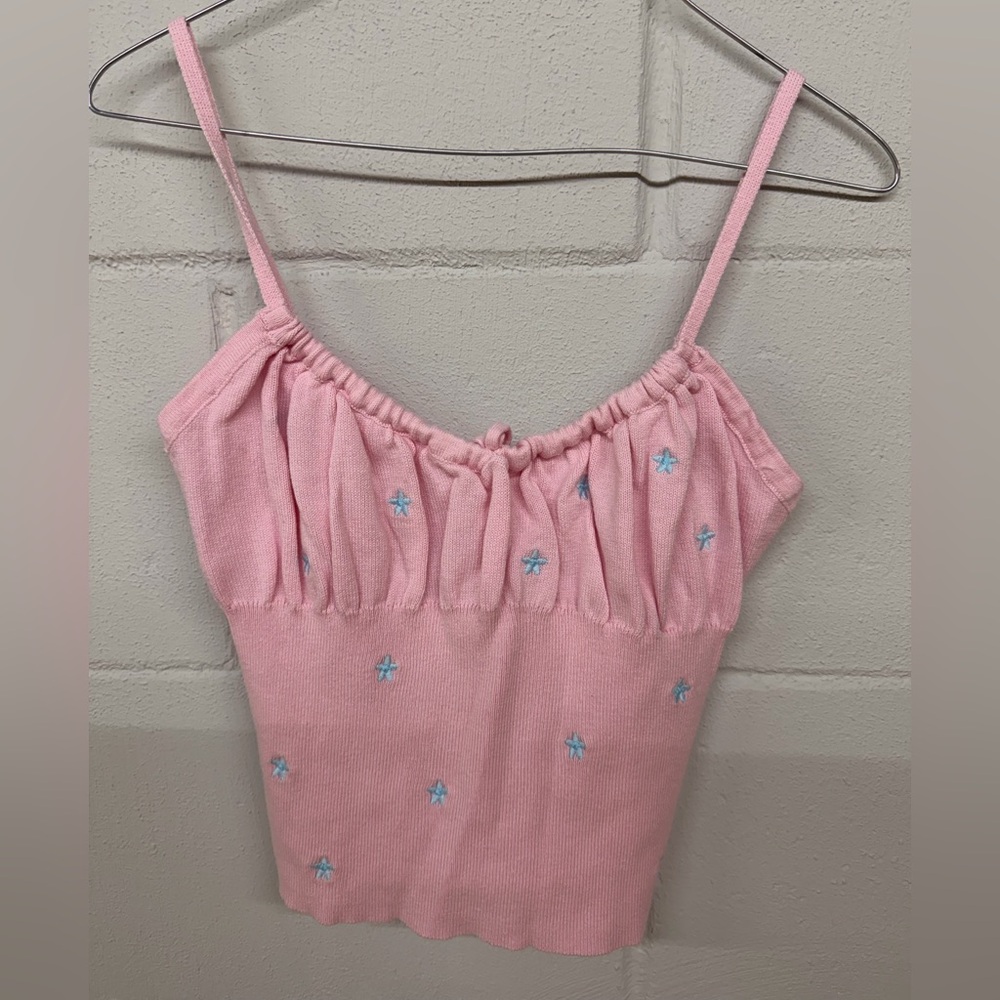 Blue Blush Pink Knit Embroidered Star Cami